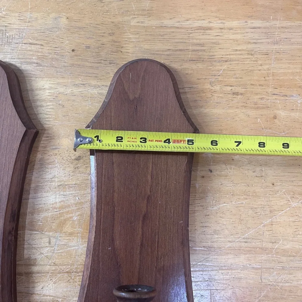 Vtg Pair Wood Wall Sconces Taper Candle Holders Dark Brown Colonial Rustic 15